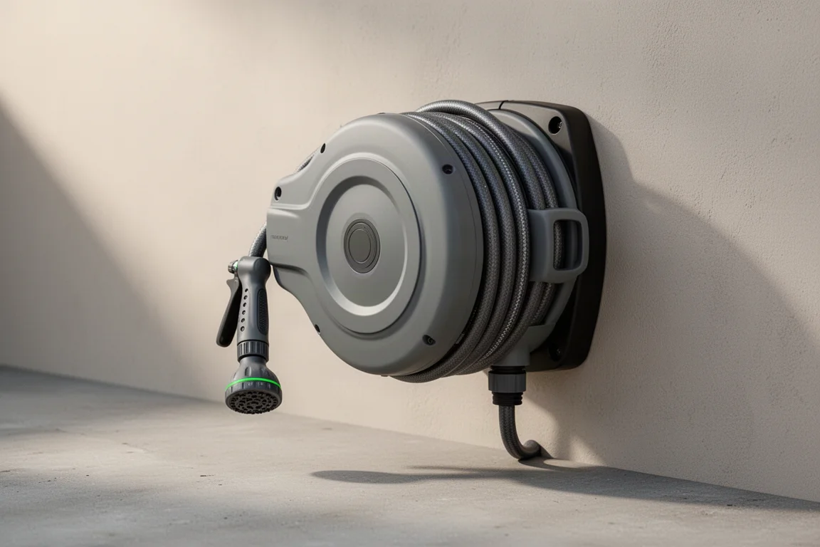 Retractable garden hose reel with attached spray nozzle on a concrete surface