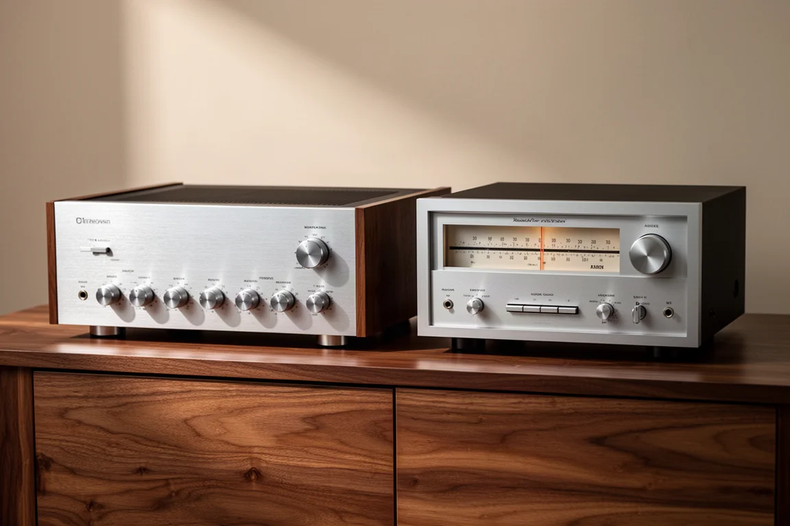 Two vintage stereo receivers side by side on a walnut console in soft studio light