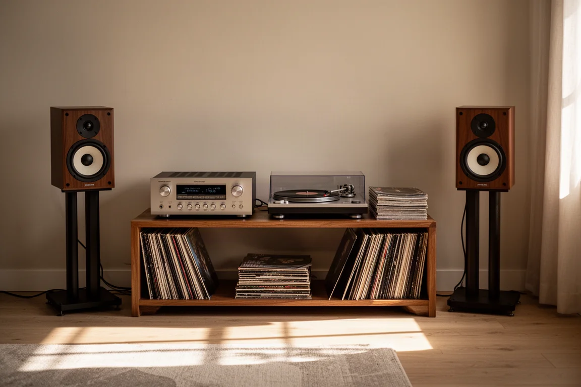 Receptor estéreo vintage y tocadiscos sobre una estantería baja de madera en un salón con luz tenue