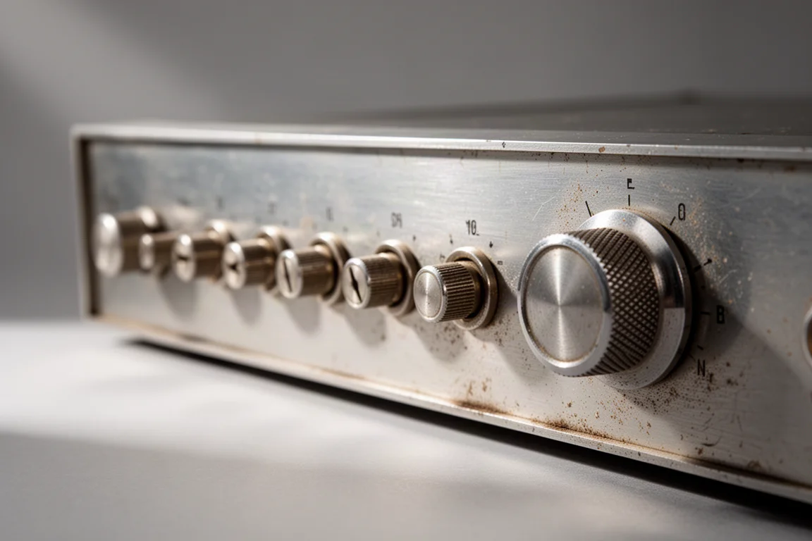 Primer plano de pequeños mandos giratorios y un mando de volumen de metal estriado en un frontal plateado