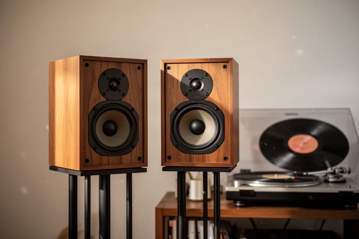 Altavoces de estantería sobre soportes con un tocadiscos reproduciendo un disco en una habitación oscura