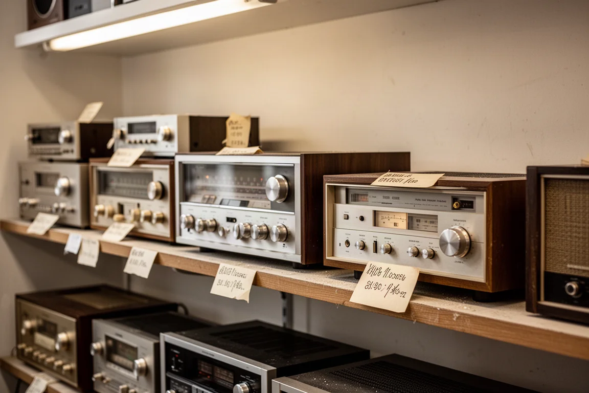 Estantería con receptores estéreo y amplificadores vintage de segunda mano en una tienda de segunda mano