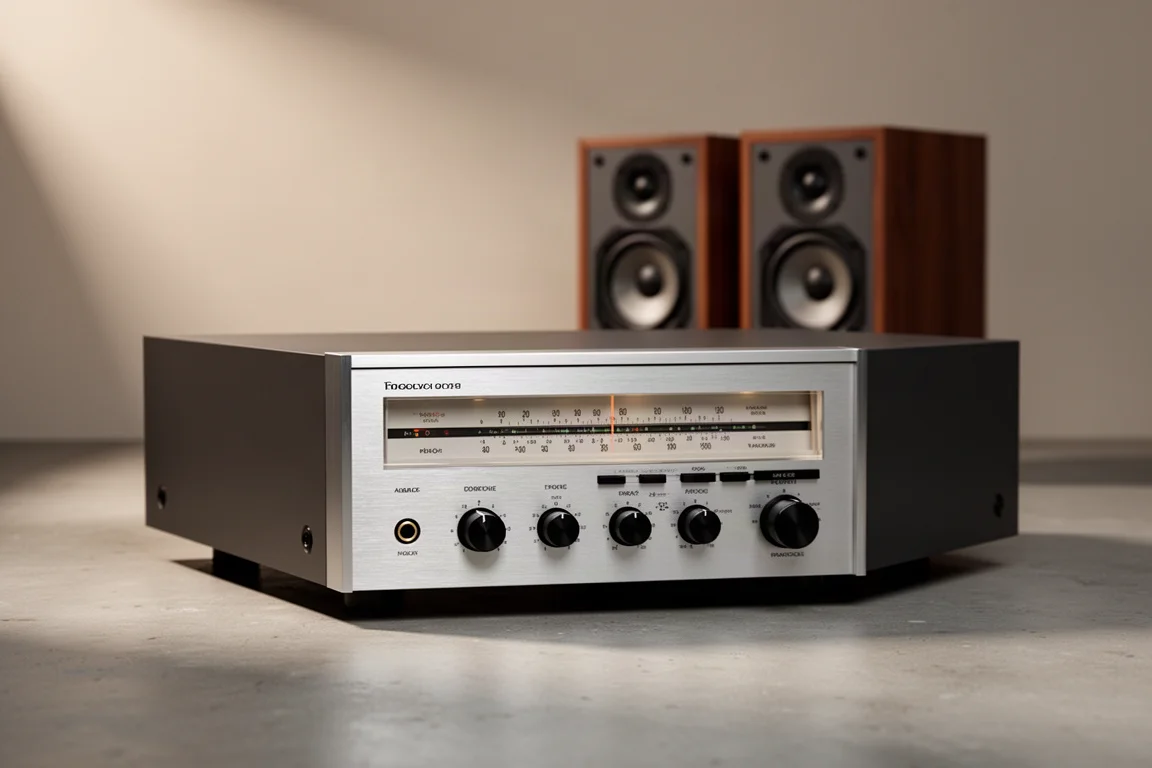 Vintage silver stereo receiver with knobs and tuning dial on a concrete surface