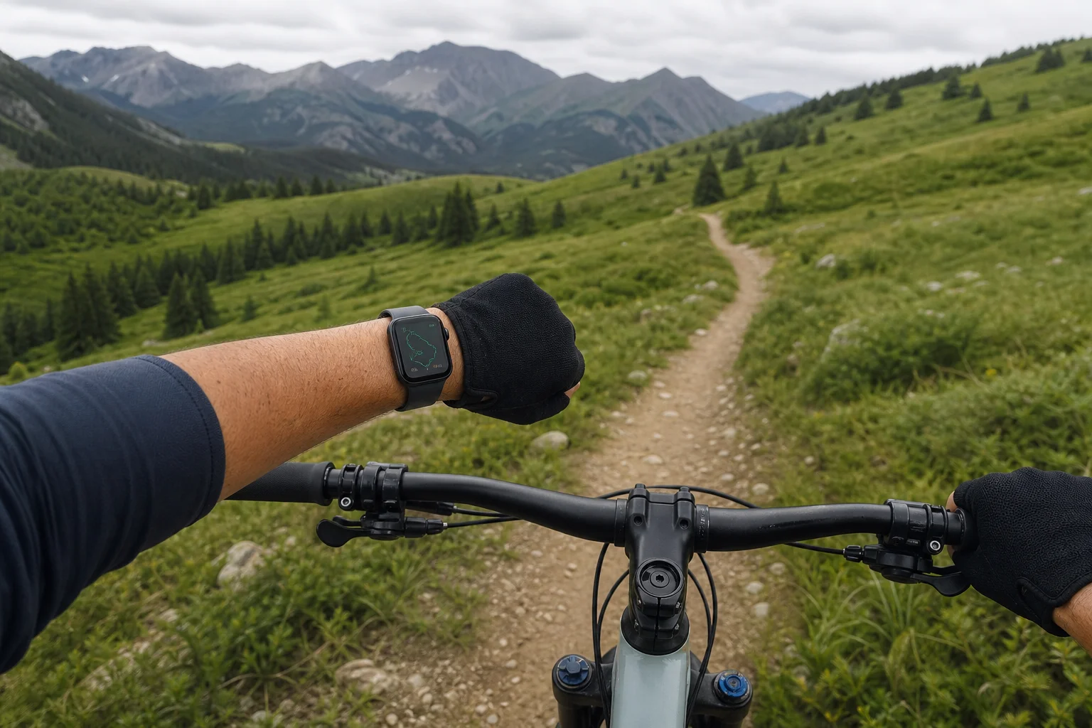 Cyklist som använder GPS-spårning på en smartklocka under en cykeltur utomhus