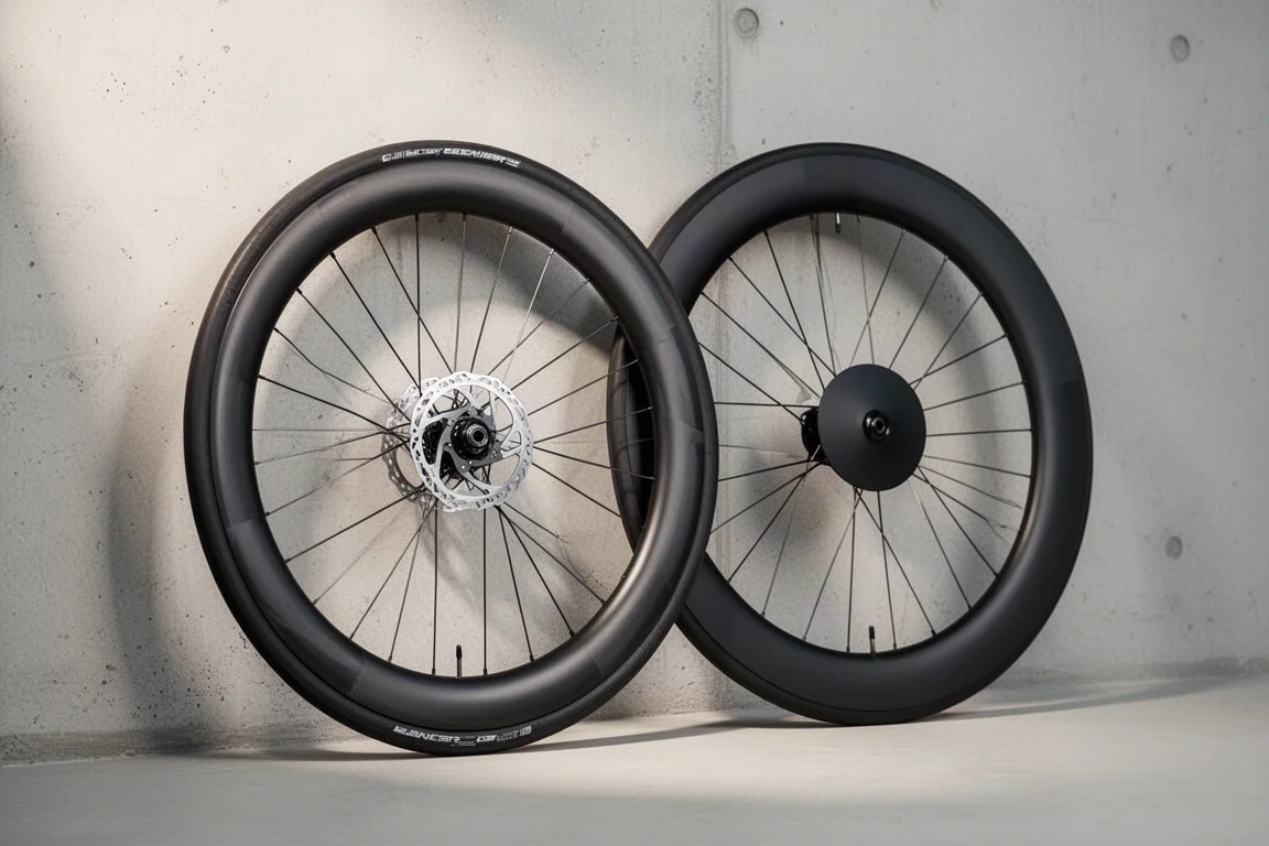 Carbon achterdisc-wiel en een voorwiel met een plat zwart aero-deksel leunend tegen een betonnen muur