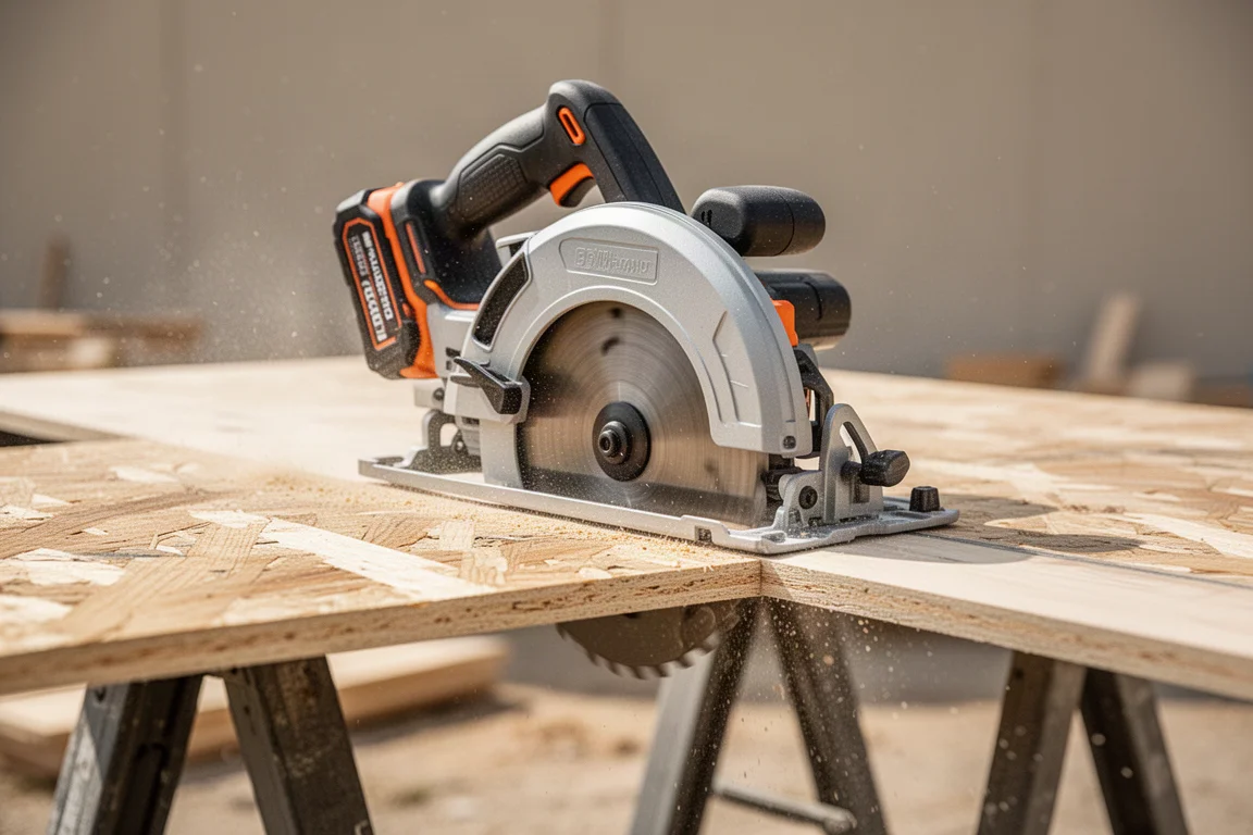 Circular saw cutting through plywood with sawdust rising around the blade