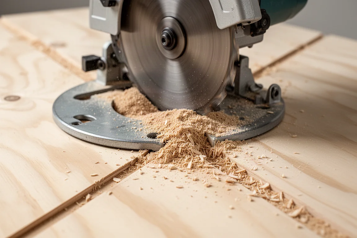 Sawdust collecting around the base plate of a circular saw