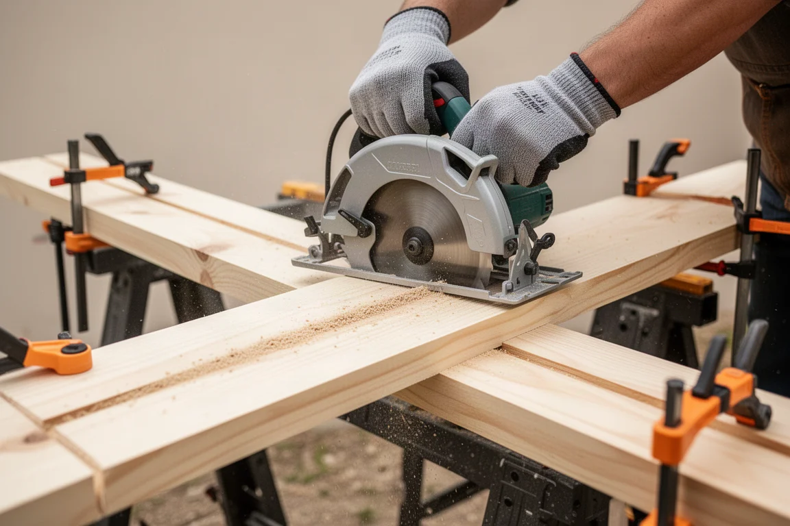 Carpenter guiding a circular saw through a long rip cut in a 2x6 board