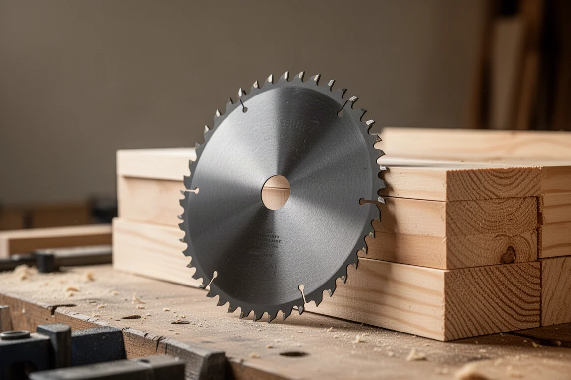 Thin kerf circular saw blade standing upright on a workbench