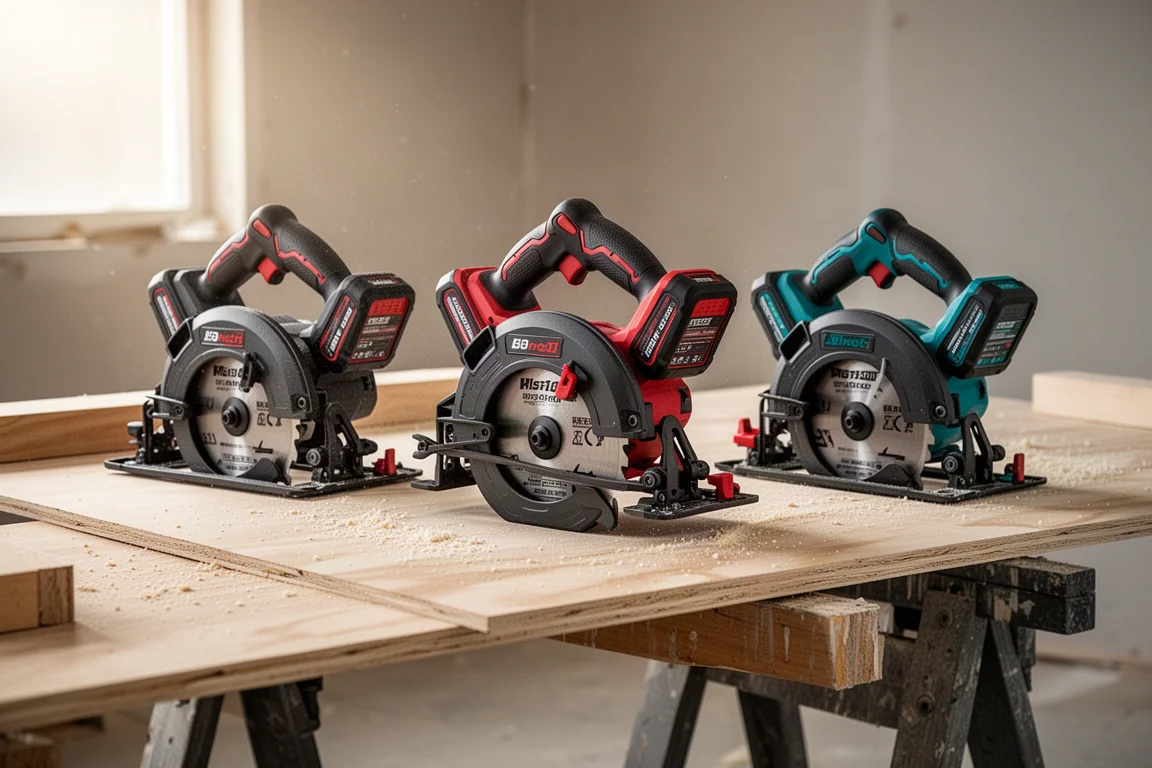 Three rear handle circular saws lined up on a sawhorse with sawdust