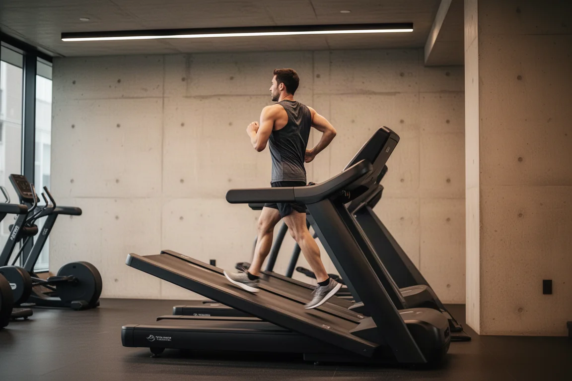 Läufer trainiert auf einem geneigten Laufband in einem Premium-Fitnessstudio