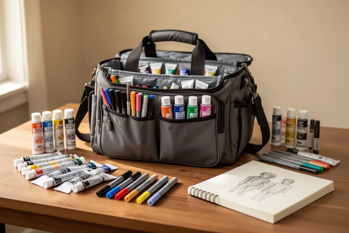 Bolso de material de arte abierto con tubos de pintura y cuadernos de bocetos dispuestos a su lado