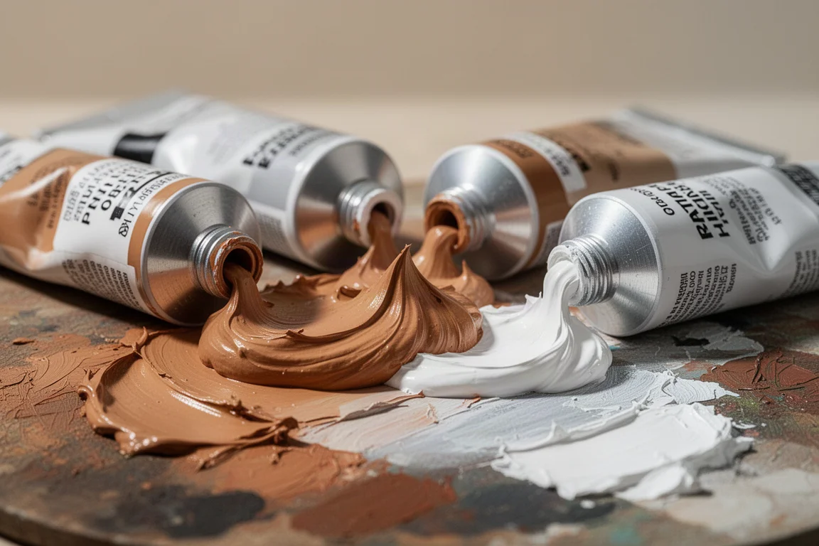 Tubos de pintura acrílica de cuerpo pesado abiertos con textura de pintura espesa visible en una paleta