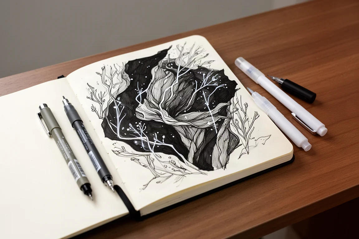 Boceto ilustrado a tinta con contornos de rotulador fino y toques de bolígrafo de gel blanco sobre papel