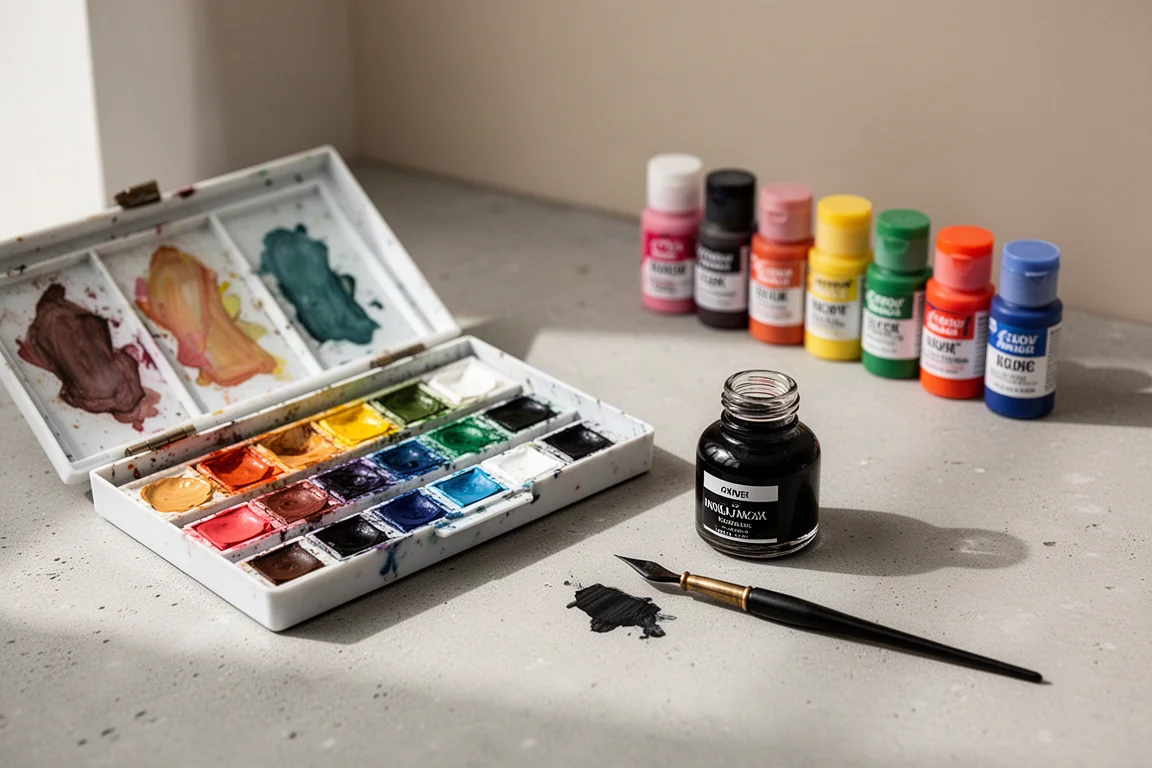 Espacio de trabajo de un artista con paleta de gouache, botella de tinta china y pintura de manualidades con luz natural suave