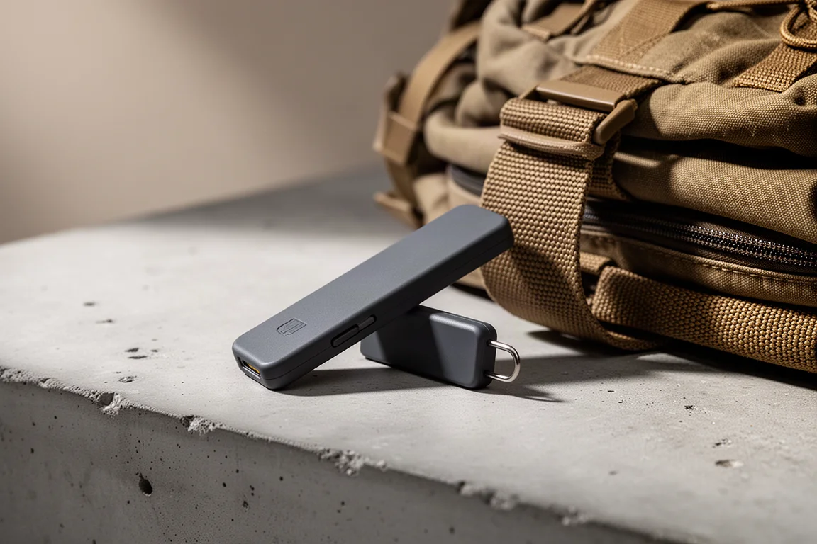Small rescue reflector dongle resting beside a folded hiking backpack strap on concrete