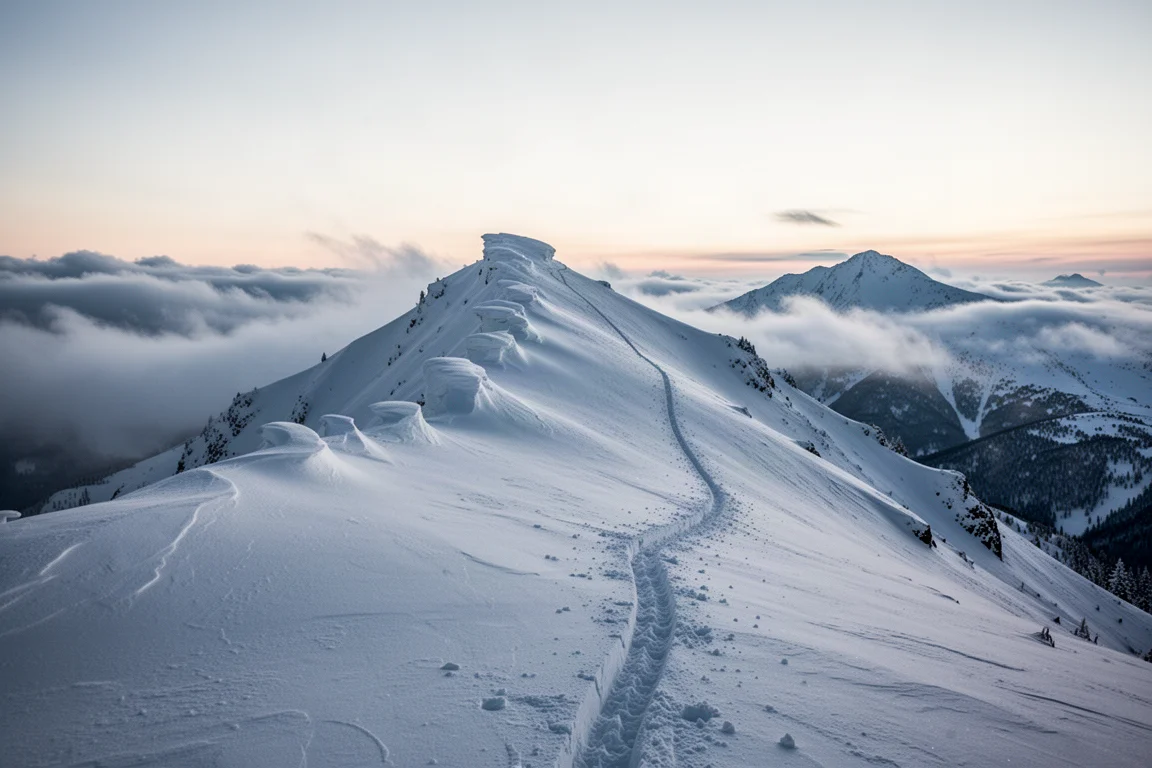 Cresta alpina cubierta de nieve al amanecer con cornisas esculpidas por el viento y nubes bajas entre los picos