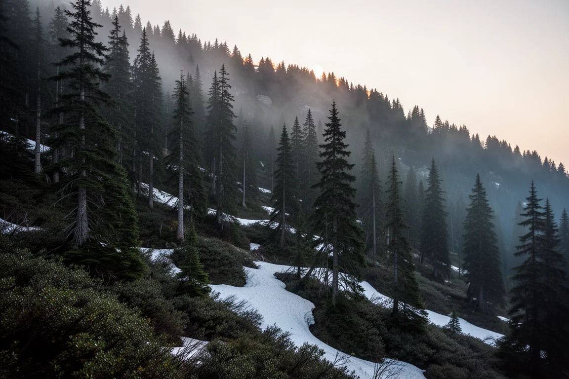 Bosque denso de coníferas en una ladera empinada al atardecer, con restos de nieve y niebla