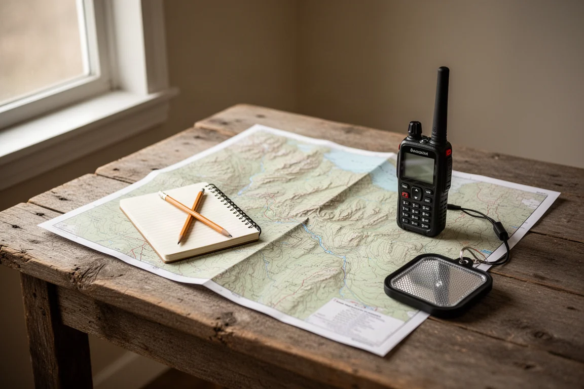 Mapa topográfico, cuaderno y comunicador satelital sobre una mesa de madera con luz de ventana