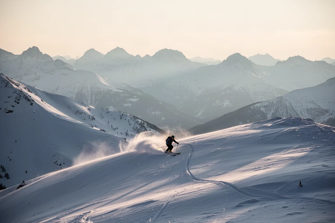 Backcountry-skidåkare som åker nerför en bred snötäckt alprygg i gryningen