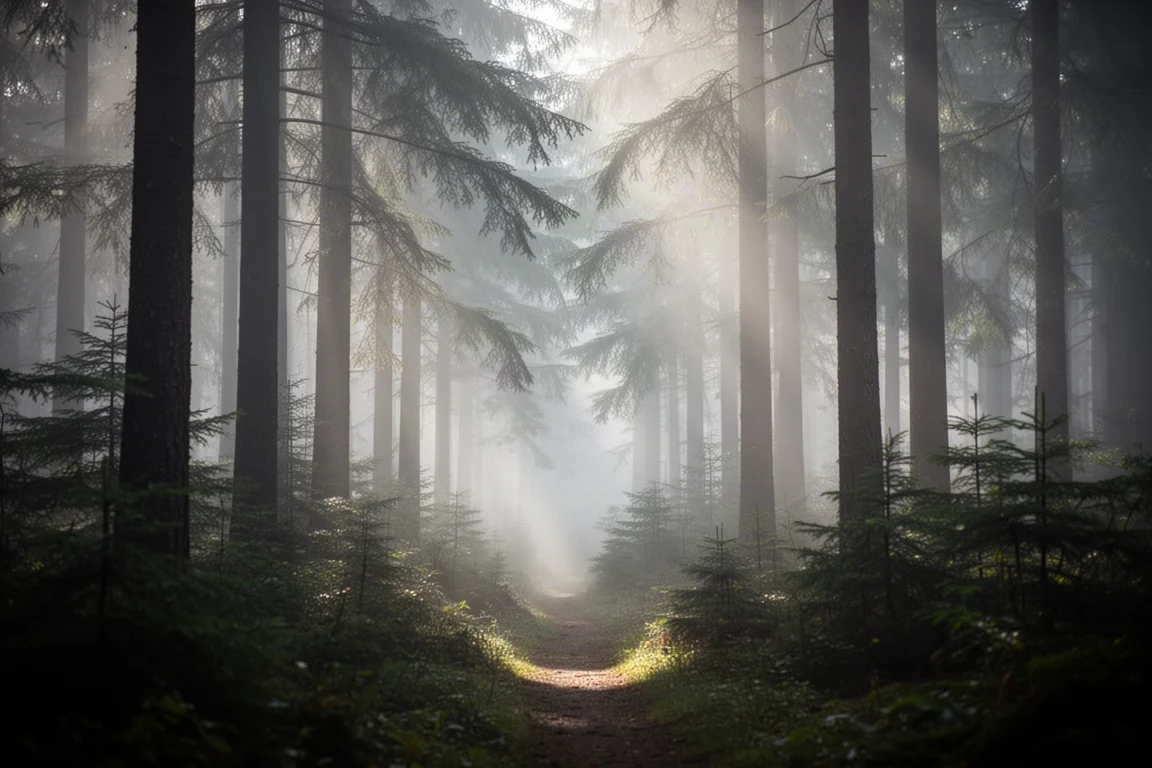 Tät vintergrön skog i låg dimma med solljus som filtreras genom stammarna