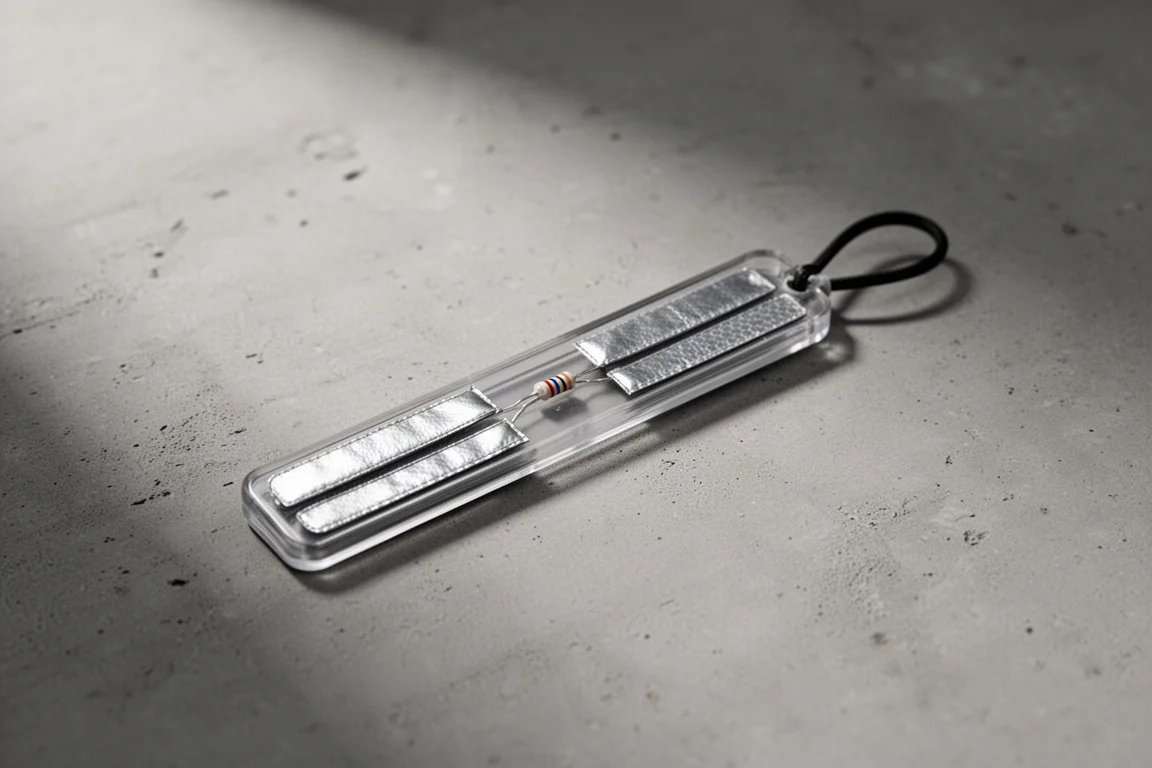 Small passive safety reflector with two foil antennas on a matte concrete surface