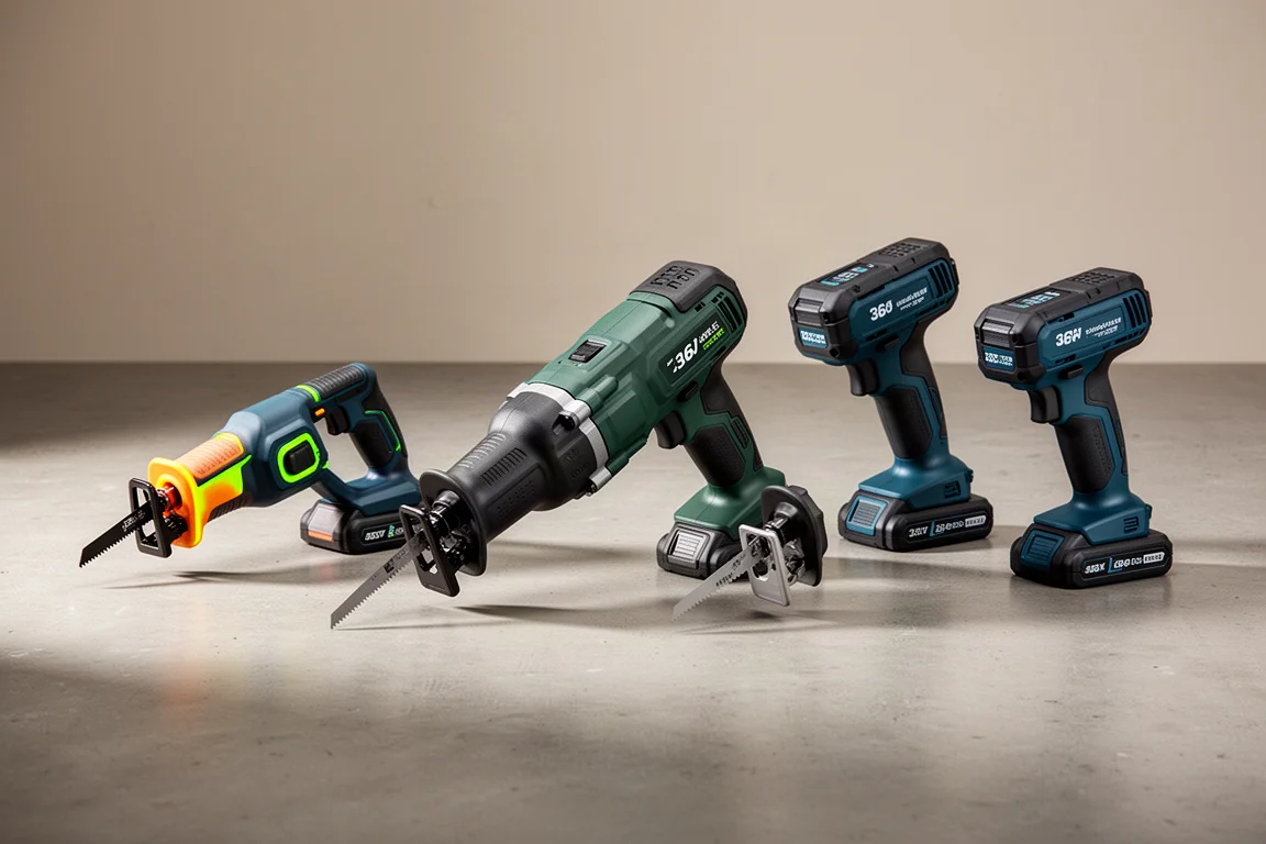 Four cordless reciprocating saws lined up on a concrete workshop floor