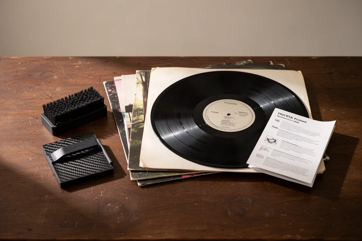 Vue à plat de disques vinyle, d'une brosse de nettoyage en fibre de carbone et d'un guide d'utilisation plié sur une table en bois