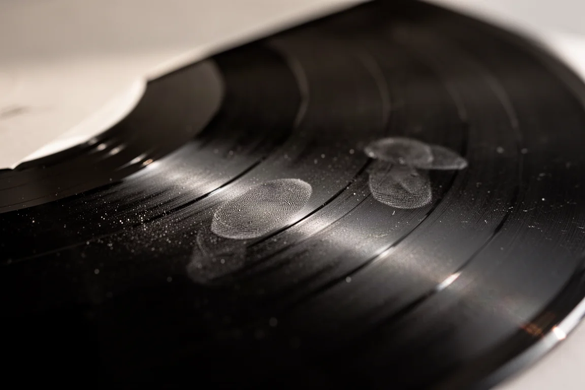 Très gros plan de la surface d'un disque vinyle montrant des particules de poussière révélées par une lumière douce