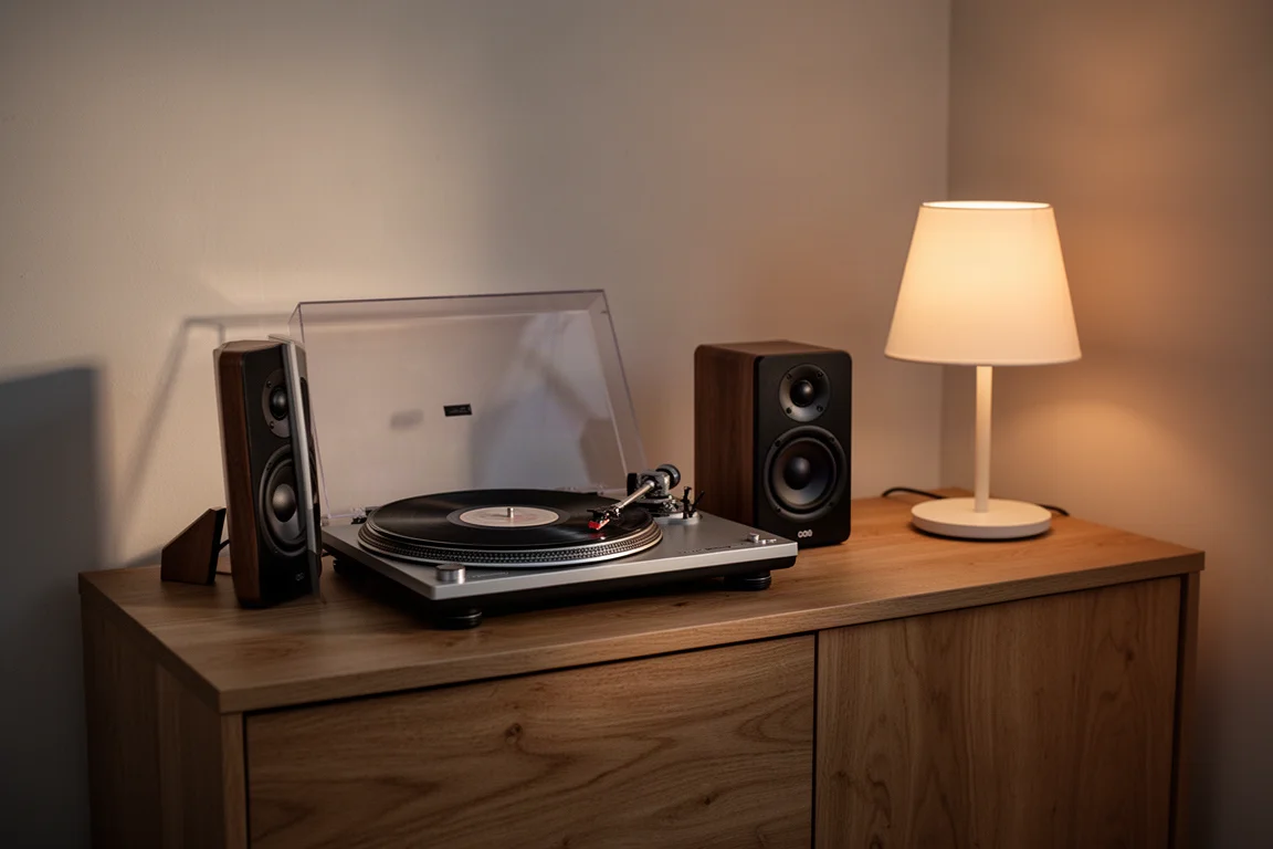 Coin d'écoute tranquille au crépuscule avec une platine, des enceintes compactes et une lampe de table chaleureuse