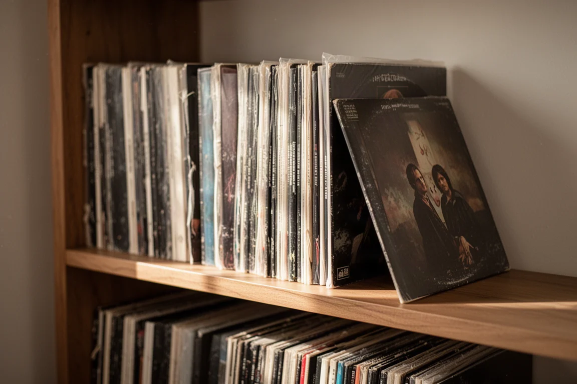 Étagère en bois remplie de disques vinyle dans la lumière douce d'une fenêtre l'après-midi