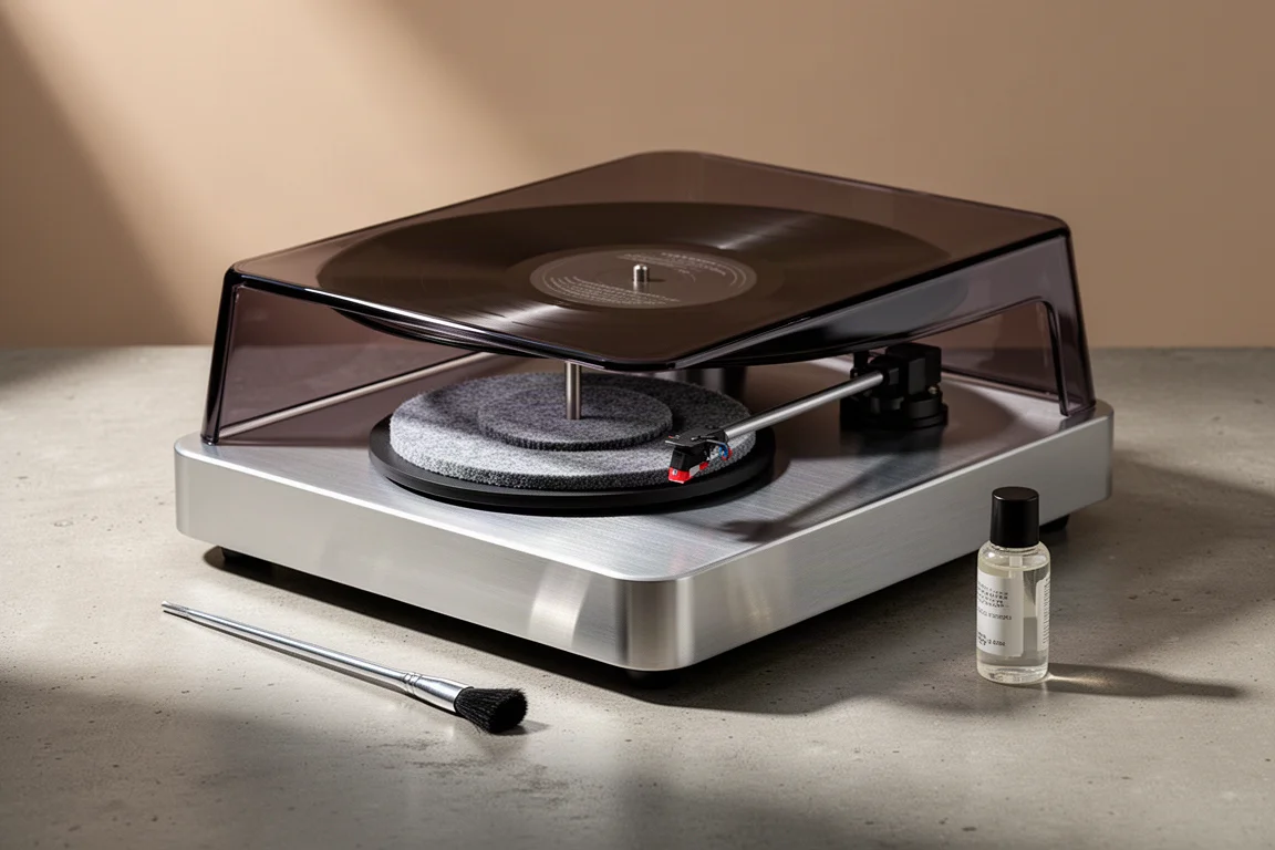 Compact vacuum vinyl record cleaning machine with glossy dark lid on a concrete surface