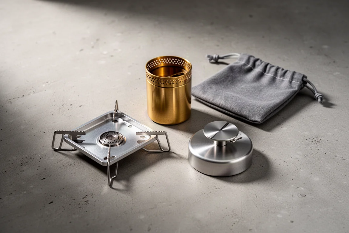 Brass alcohol burner, aluminium base plate, snuffer lid, and storage bag on concrete
