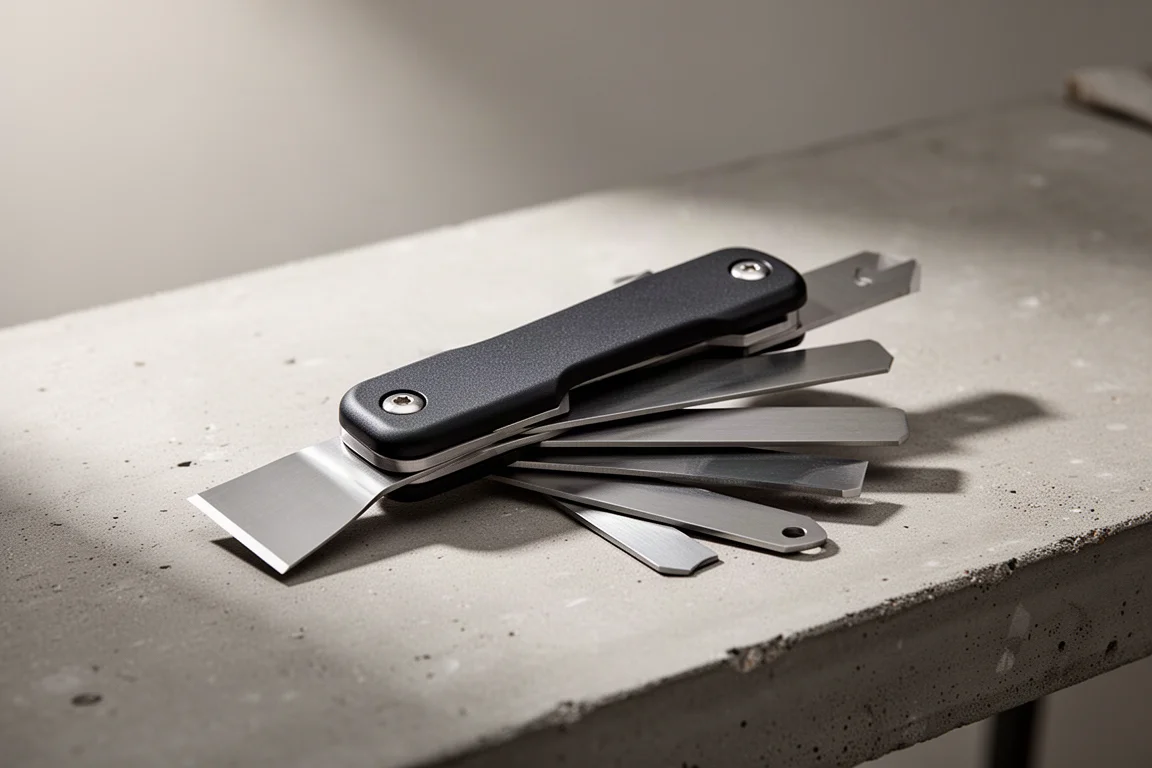 Compact folding painter's multi-tool with fanned stainless blades on a concrete workbench