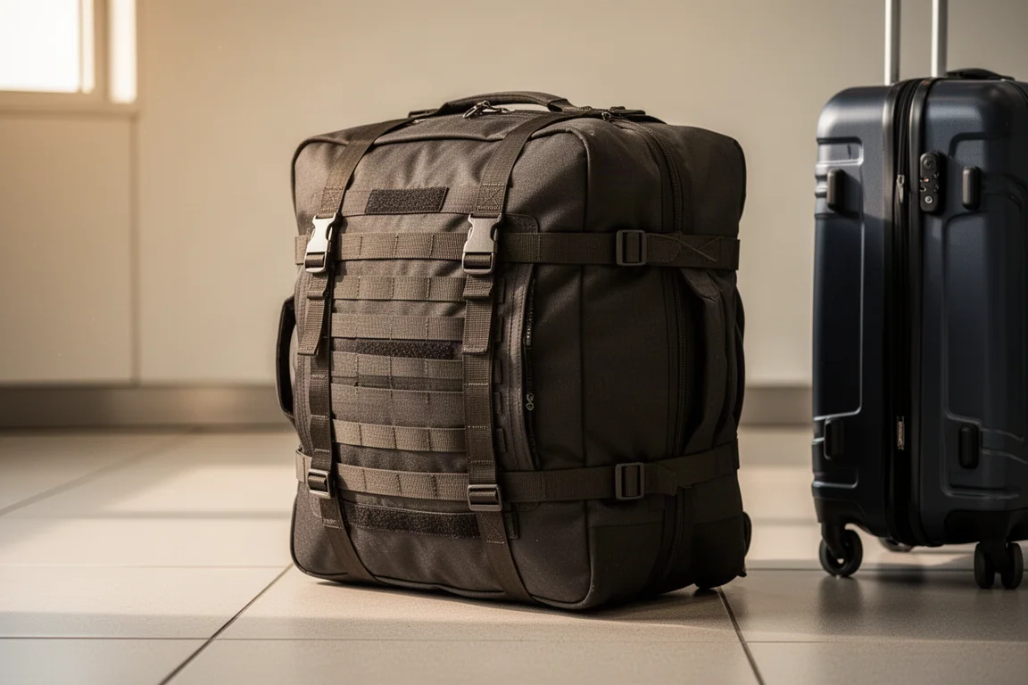 Rugged duffel bag packed and standing upright on a tiled floor next to a suitcase