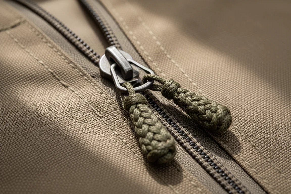Close-up of a large metal zipper with oversized pulls and a small locking clip