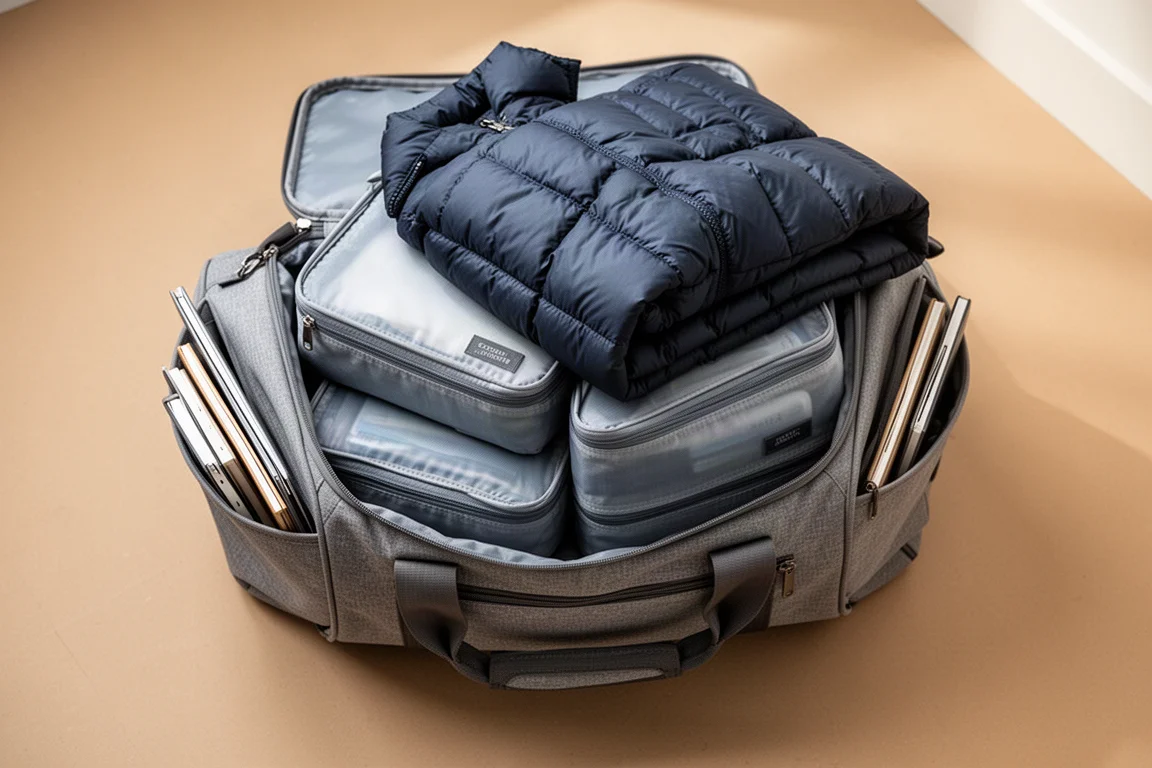 Open duffel bag interior filled with packing cubes, shoes, and a puffy jacket