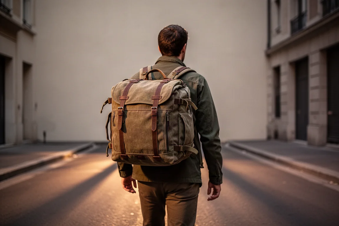 Traveler carrying a duffel as a backpack on a city street in soft evening light