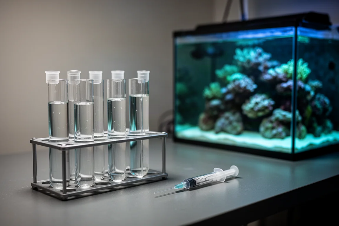Riffaquarianer testet Aquarienwasser an einem Arbeitstisch mit Gefäßen und einem Riffaquarium im Hintergrund