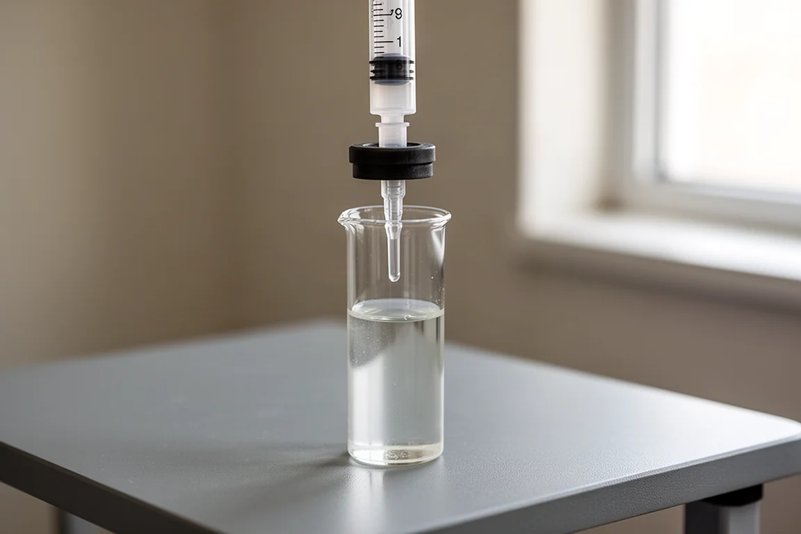 Glasküvette mit darüber gehaltener Titrationsspritze auf einer sauberen Arbeitsfläche