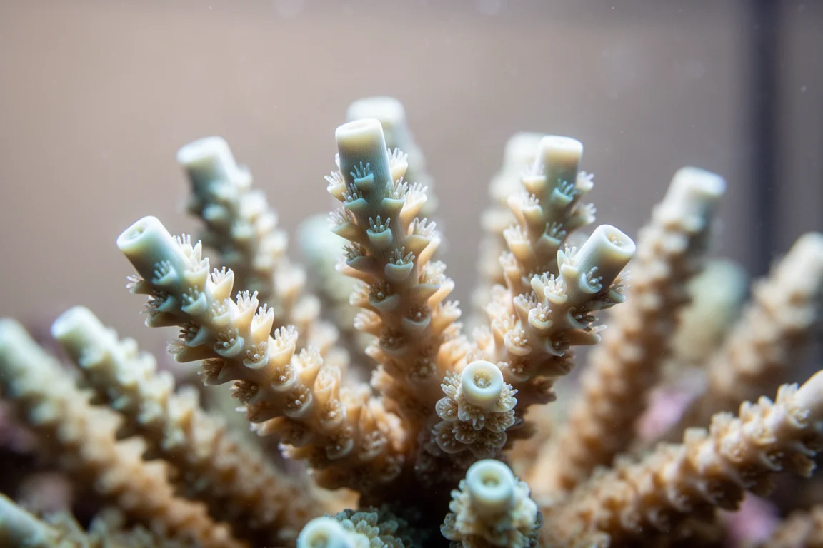 Nahaufnahme von verzweigten Korallenpolypen, die unter Aquarienbeleuchtung wachsen