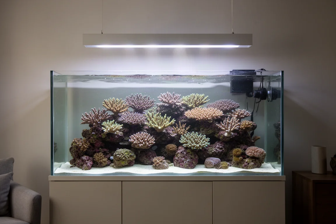 Beleuchtetes Riffaquarium mit Korallenkolonien in ruhiger Wohnumgebung