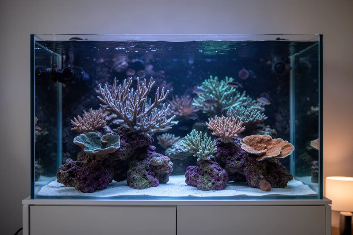 Acquario di barriera illuminato in blu con coralli pietrosi e piccoli pesci