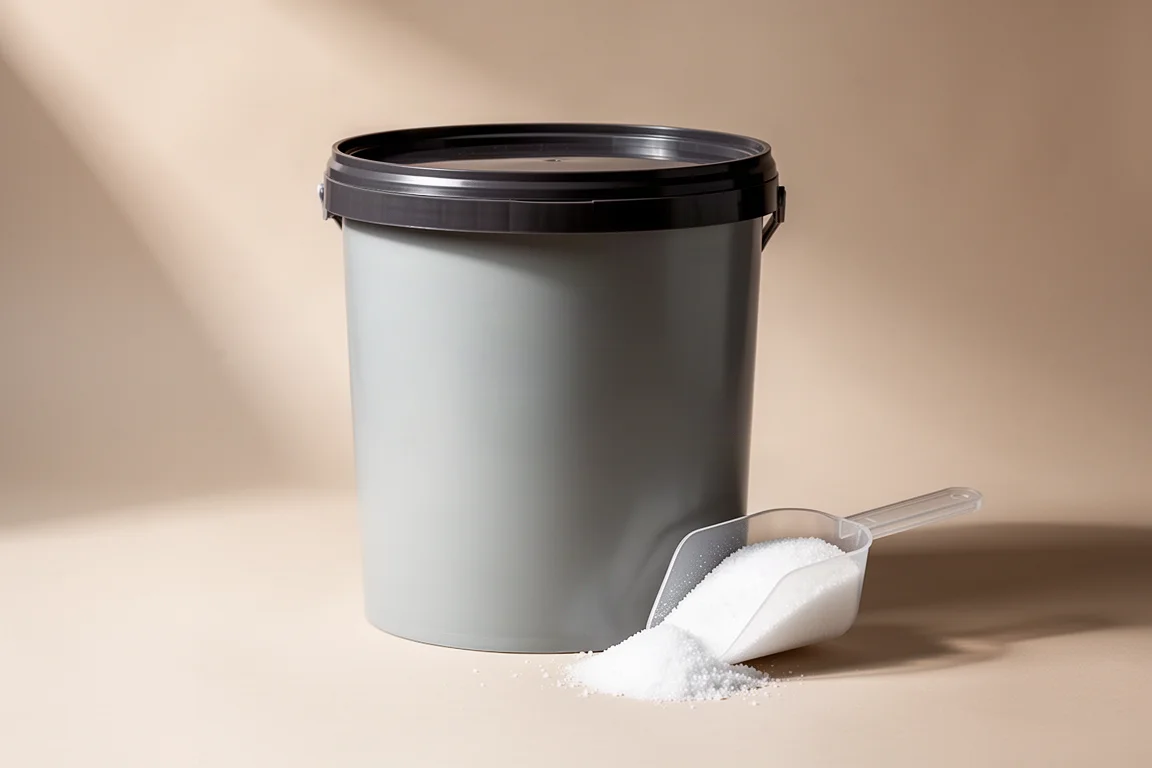 Hink med revsalt med lock och en skopa vitt salt mot en neutral grå bakgrund