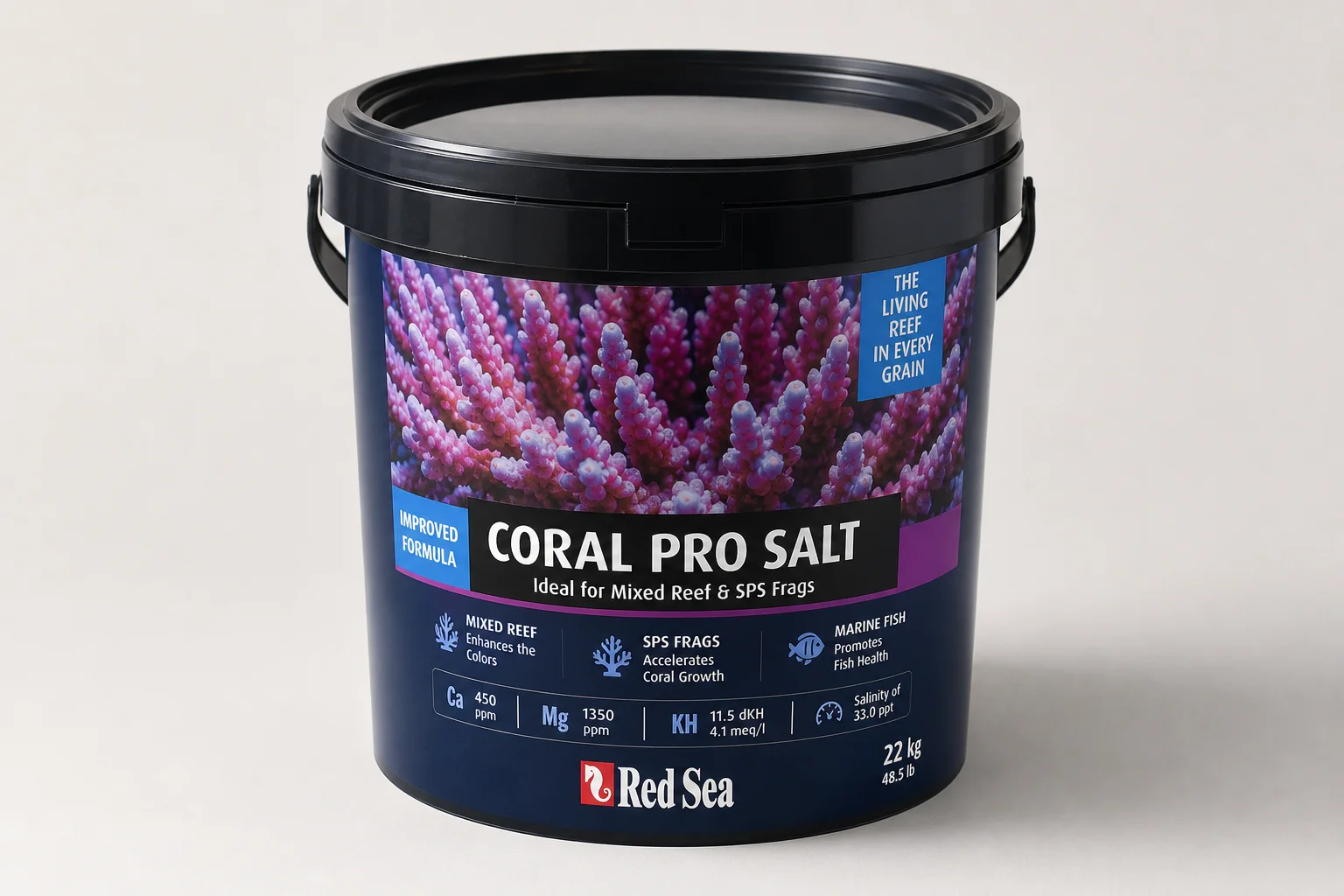Six aquarium salt mix products arranged on neutral backdrop