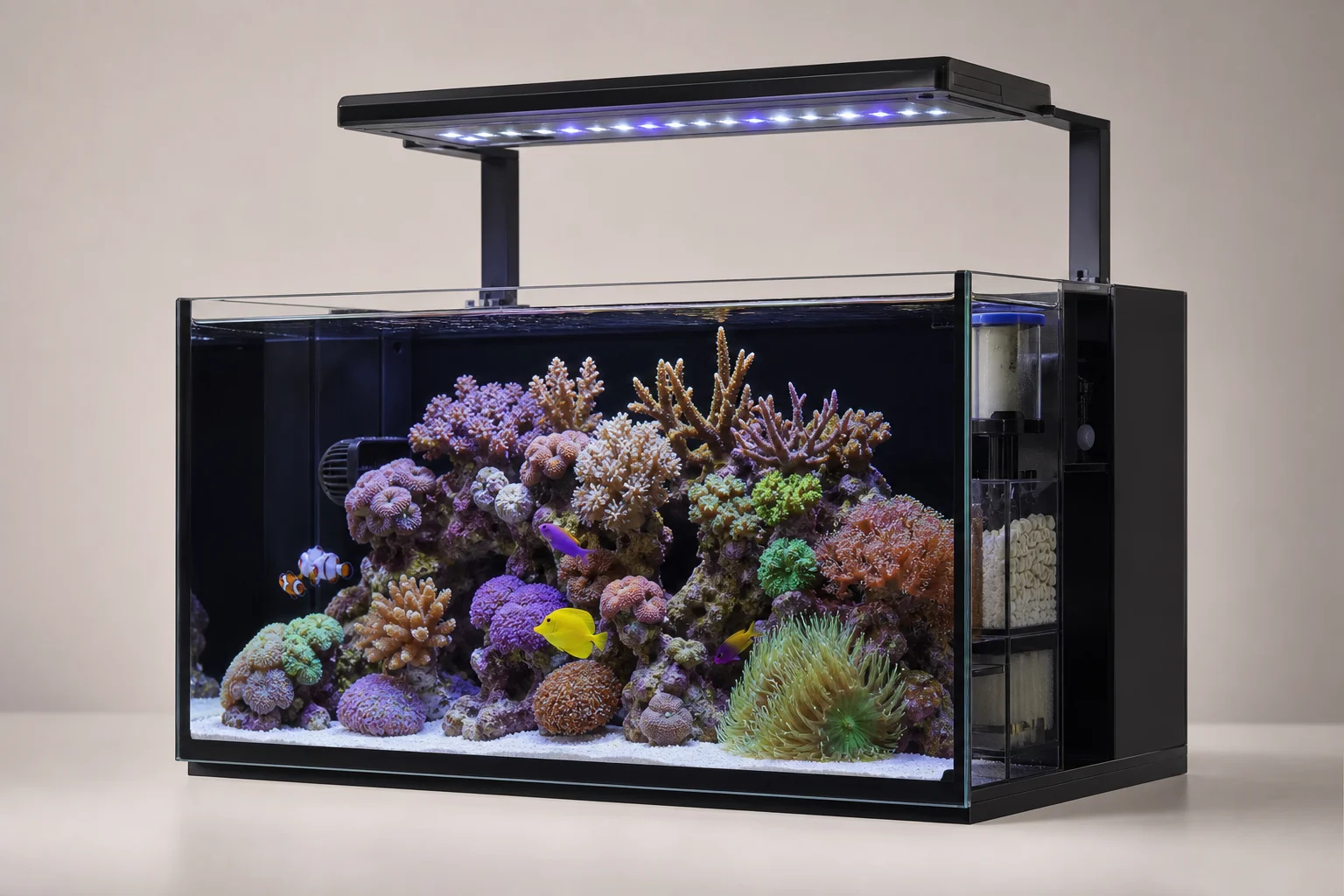 Reef aquarium with vibrant corals under blue and white LED spectrum lighting