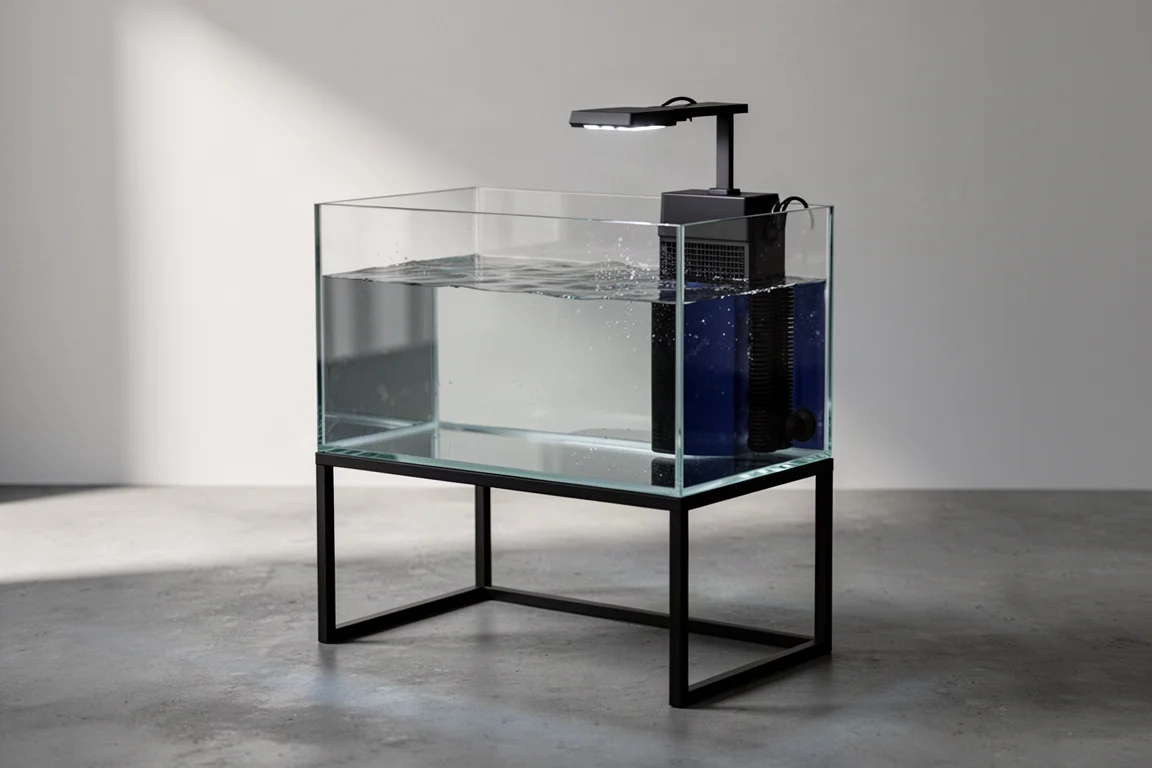 Kompakt revakvarium i glas på en svart ställning med en LED-lampa monterad ovanför