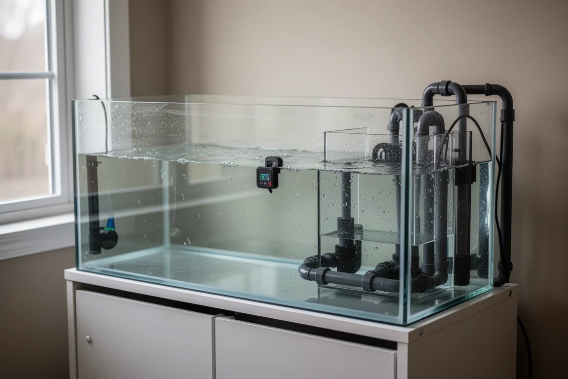 Reef aquarium sump cabinet with visible water line, plumbing, and a sensor at the waterline