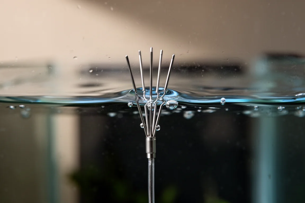 Macro view of fine metal sensor probes just breaking the surface of clear aquarium water