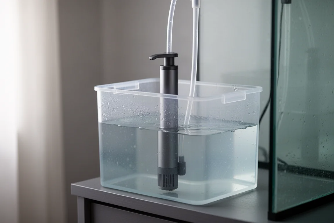Slim cylindrical top-off pump standing inside a translucent water container with clear tubing